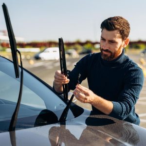 man is changing windscreen wipers on a car while standing at the street male replace windshield wipers on car change cars wiper blades concept free photo